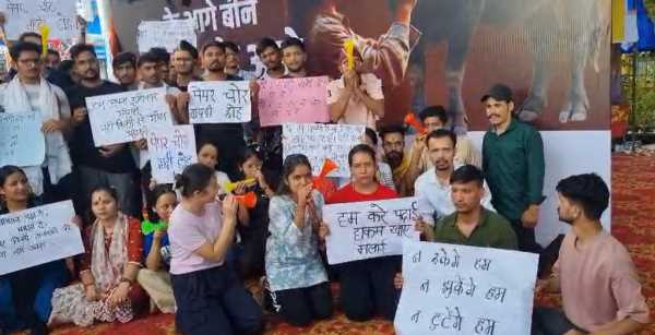 UKSSSC पेपर लीक : बेरोजगार युवाओं का अनोखा प्रदर्शन, भैंस का पोस्टर लगाकर बजाई बीन