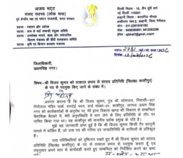 गैरकानूनी मामले में वांछित होने पर सांसद अजय भट्ट ने प्रतिनिधि को तत्काल पदमुक्त किया