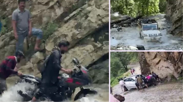 उत्तराखंड में मानसून का कहर! उफनते नाले को पार करने को मजबूर लोग!!